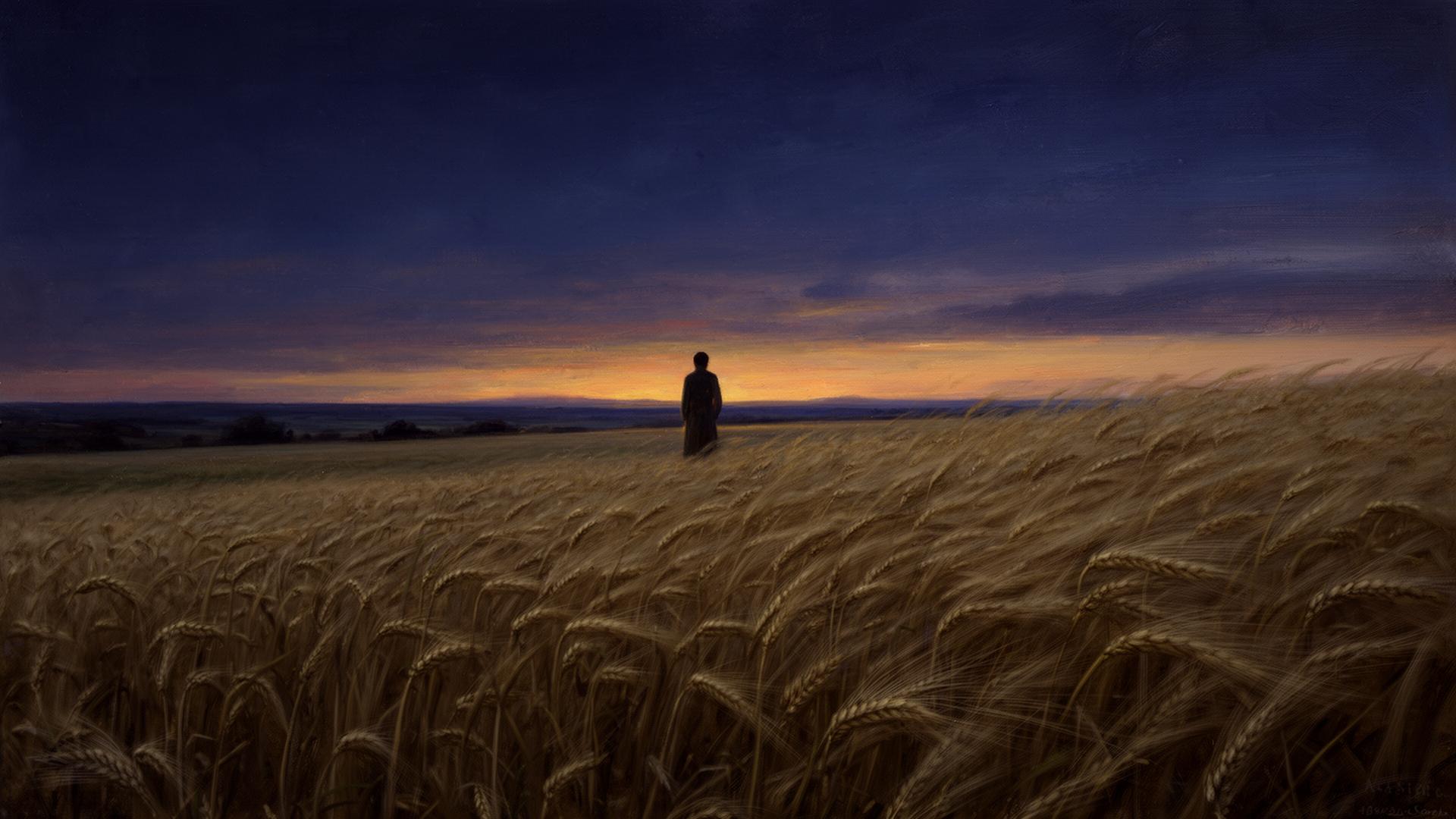 A solitary figure standing at the edge of a wheat field at dusk, the grain bending in unison under wind.