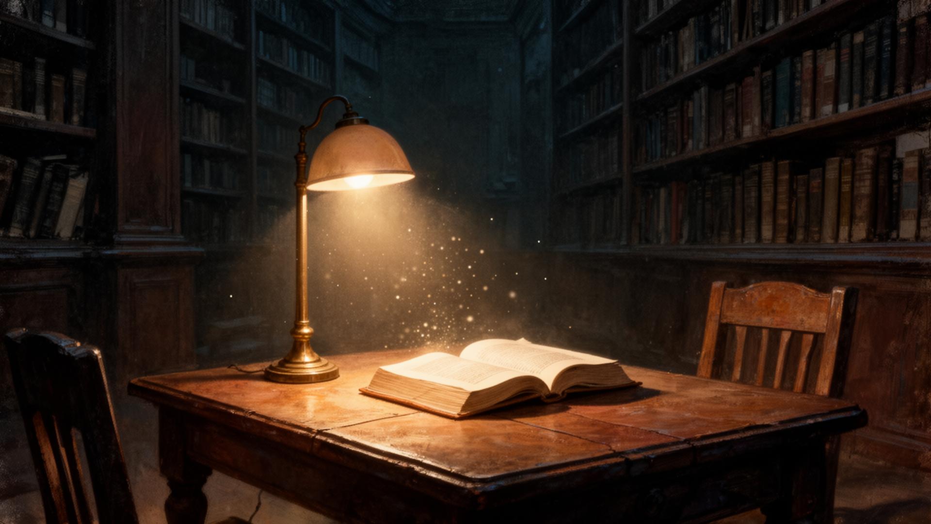 An old library reading room at twilight, a single open book catching warm lamplight, motes of dust suspended in the beam, towering shelves receding into shadow.