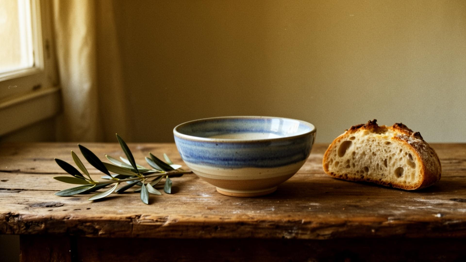 A hand-thrown ceramic bowl on a rough wooden table, alongside a sprig of olive and a piece of bread — humble objects rendered with reverence, lit by a single window's morning light.